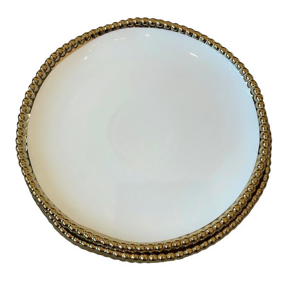LA PINETINA Ceramic Appetizer Plates 8.5in Set of 4 White Gold Beaded Rim NEW - Picture 3 of 9